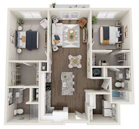 A top-down view of a small apartment with a kitchen, living room, and bathroom.