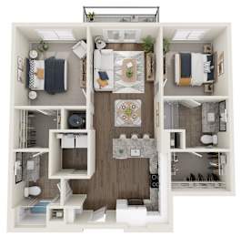 A top-down view of a small apartment with a kitchen, living room, and bathroom.