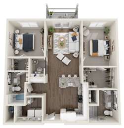 A top-down view of a small apartment layout with a kitchen, living room, and bathroom.