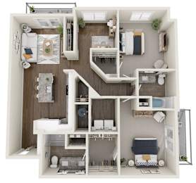 A 3D floor plan of a small apartment with a kitchen, living room, and bathroom.