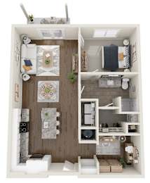 A top-down view of a small apartment with a kitchen, living room, and bedroom.