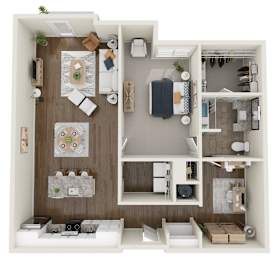 A 3D floor plan of a small apartment with a kitchen, living room, and bedroom.