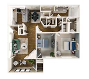 A top down view of a house layout with a kitchen, living room, and bathroom.