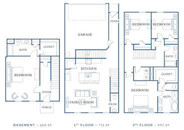 A floor plan of a house with three bedrooms, a garage, and a porch.