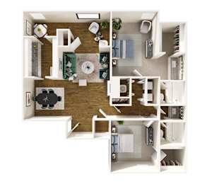 A top-down view of a small apartment with a kitchen, living room, and bathroom.