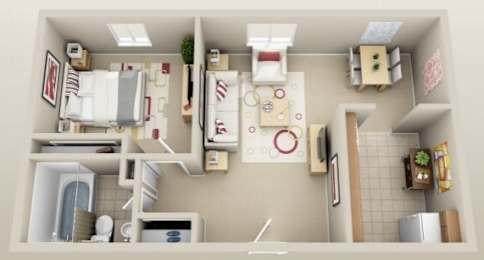 A dollhouse kitchen with a refrigerator, sink, and oven.