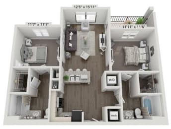 a 3d drawing of a four bedroom apartment