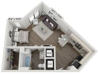a bedroom with a bed a mirror a desk and a chair