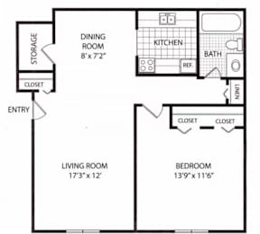 A floor plan of a small apartment with a living room, bedroom, kitchen, and bathroom.