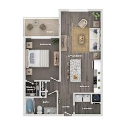 A floor plan of a house with a porch, bedroom, living room, kitchen, bath, entry, and laundry.