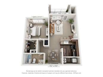A 3D floor plan of a small apartment with a kitchen, living room, and bathroom.