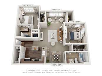 A 3D floor plan of a small apartment with a kitchen, living room, and bathroom.