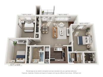 A 3D floor plan of a house with dimensions of each room.