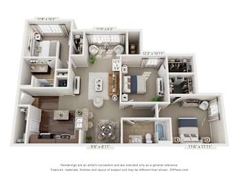 A 3D floor plan of a small apartment with a kitchen, living room, and bathroom.