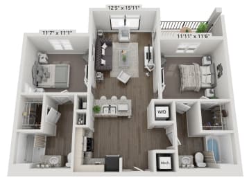 a 2 bedroom floor plan with a bathroom and a living room