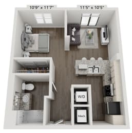 this is a 3d floor plan of a 757 square foot 1 bedroom apartment at the