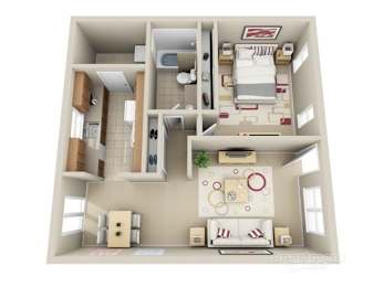 Apartment layout with a living room, kitchen, and bedroom.