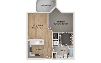 A floor plan of a home with a living room, kitchen, bathroom, and bedroom.