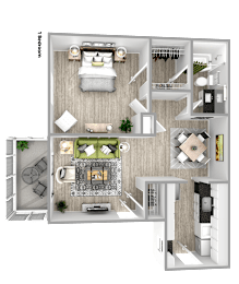 A 3D floor plan of a one bedroom apartment.