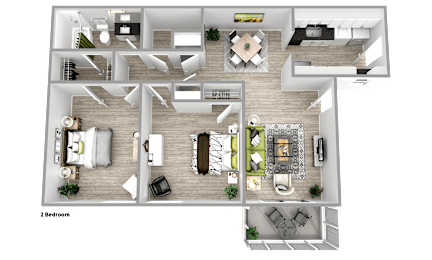 A 3D floor plan of a two bedroom apartment.