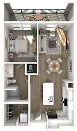 A 3D floor plan of a small apartment with a kitchen, living room, and bathroom.