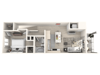 A 3D rendered image of a modern house layout.