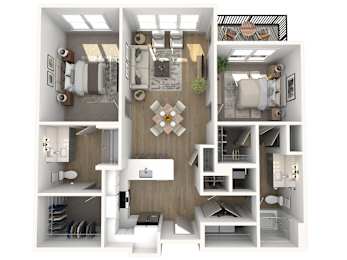 A 3D floor plan of a small apartment with a kitchen, living room, and bathroom.