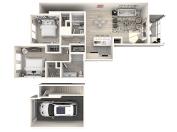 A 3D floor plan of an apartment with a car garage.