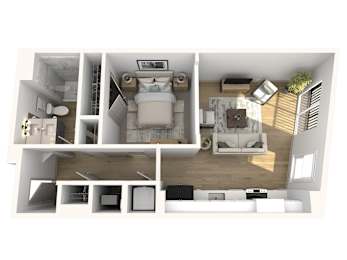 A 3D floor plan of a small apartment with a bedroom, living room, and kitchen.