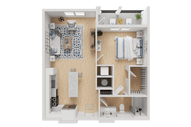 A 3D rendered image of a small apartment layout.