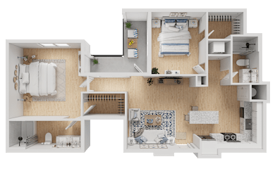 A 3D floor plan of a house showing a kitchen, living room, and bedrooms.