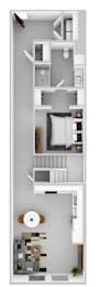 A floor plan of a small apartment with a kitchen, living room, and bedroom.