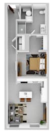 A floor plan of a small apartment with a kitchen, living room, and bathroom.