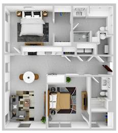 A top-down view of a small apartment with a bedroom, living room, and kitchen.