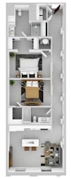 A floor plan of a two-bedroom apartment with a living room, kitchen, and bathroom.
