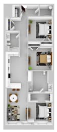 A floor plan of a small apartment with a kitchen, living room, and bathroom.
