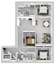 A top-down view of a small apartment layout with a bedroom, living room, and kitchen.