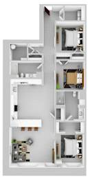 A floor plan of a house with a kitchen, living room, and bedrooms.