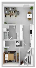 A top-down view of a modern apartment layout with a kitchen, living room, and bedroom.