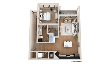 a 3d floor plan of a house with a bedroom and a living room