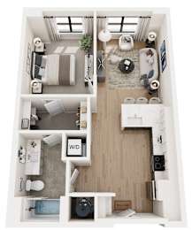A floor plan of a house with a living room, dining room, kitchen, and bathrooms.