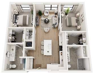 A top-down view of a modern, minimalist apartment layout.