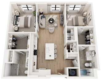 A top-down view of a small apartment layout with a kitchen, living room, and bathroom.