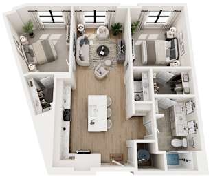 A top-down view of a modern apartment layout with a living room, kitchen, dining area, and bedrooms.
