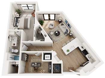A top-down view of a well-furnished apartment layout.