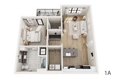 A top down view of a small apartment with a kitchen, living room, and bathroom.