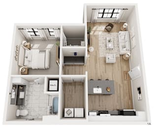 A floor plan of a modern apartment with a kitchen, living room, and bathroom.