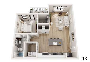 A top down view of a 1 bedroom apartment.