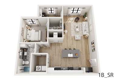 A 3D floor plan of a small apartment with a kitchen, living room, and bathroom.