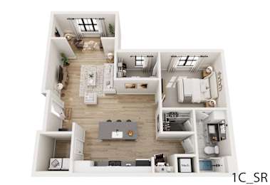 A top-down view of a small apartment layout with a kitchen, living room, and bedrooms.